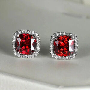 18k White Gold Ruby Diamond Halo Stud Earrings